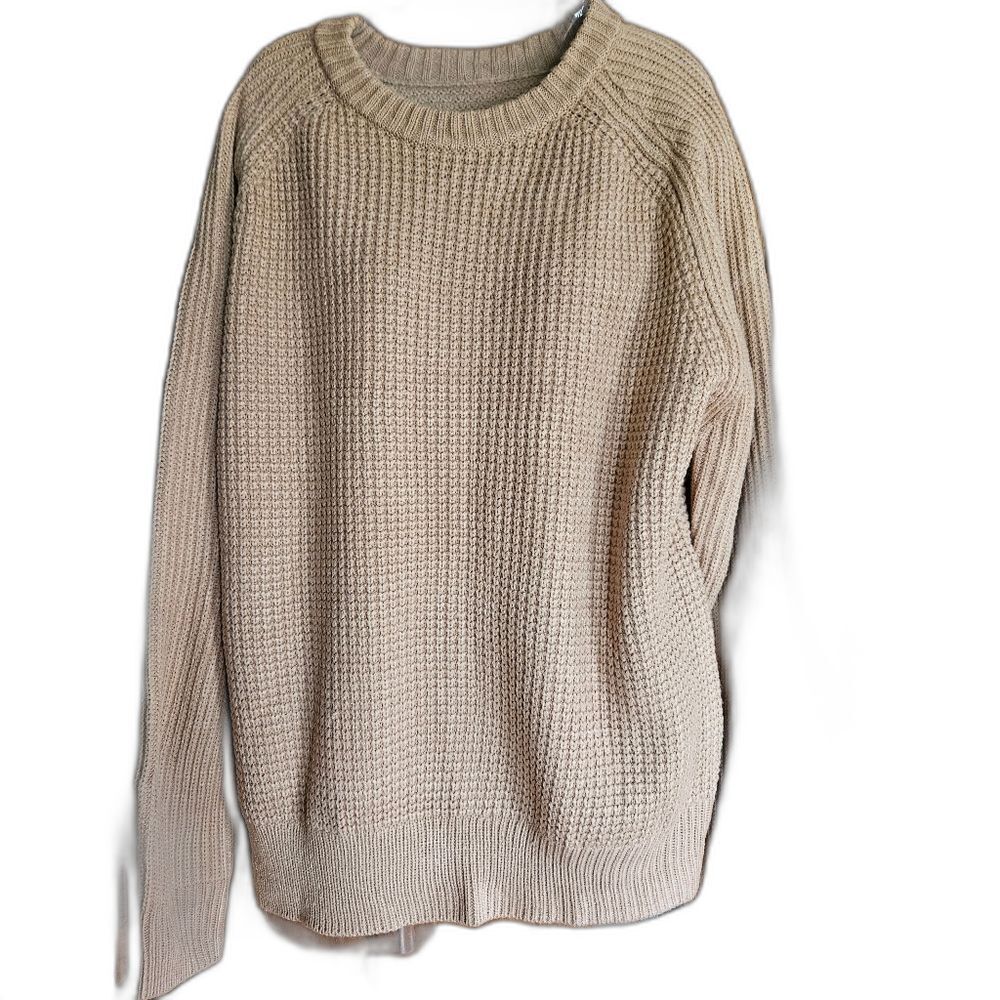 Zaful Waffle Knit Sweater Mens Large Tan‎ Raglan Sleeve Crewneck Pullover New